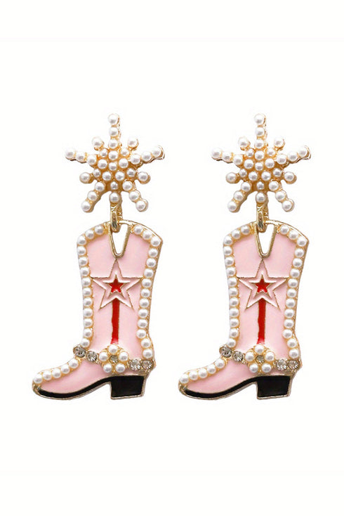 Pearl Embellished Western Boot Design Statement Dangle Earrings