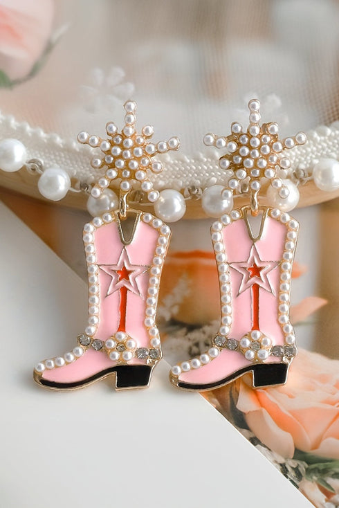 Pearl Embellished Western Boot Design Statement Dangle Earrings