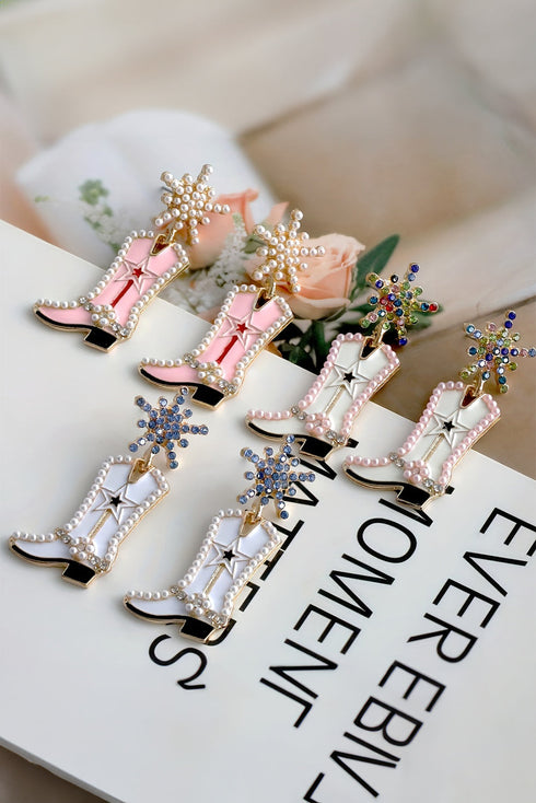 Pearl Embellished Western Boot Design Statement Dangle Earrings