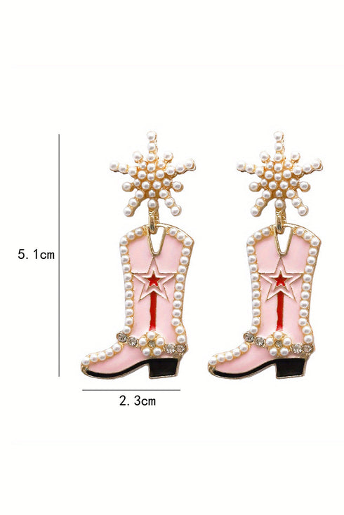 Pearl Embellished Western Boot Design Statement Dangle Earrings