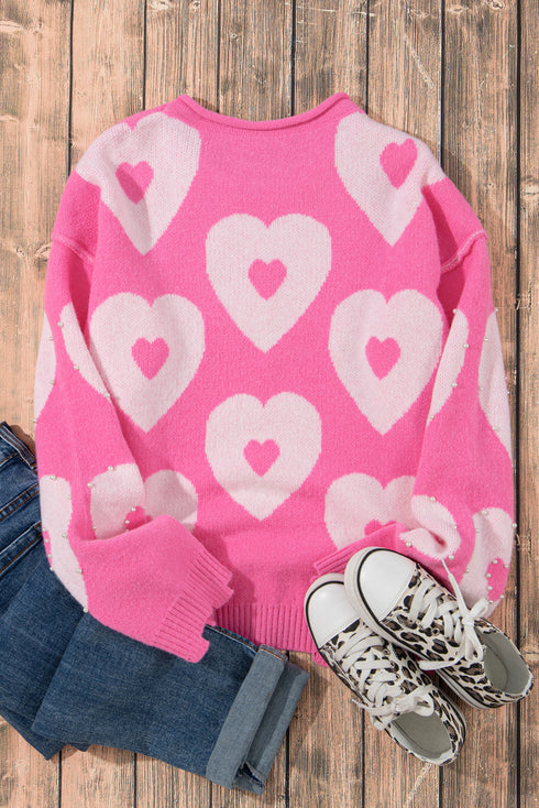 Pearl Studded Heart Pattern Relaxed Fit Sweater