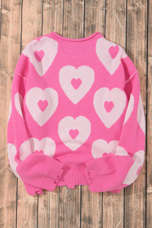Pearl Studded Heart Pattern Relaxed Fit Sweater