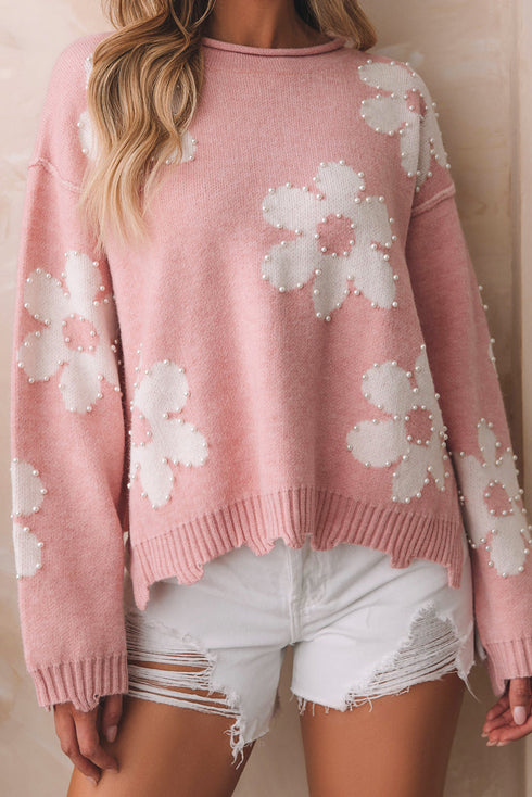 Pearl Studded Heart Pattern Relaxed Fit Sweater