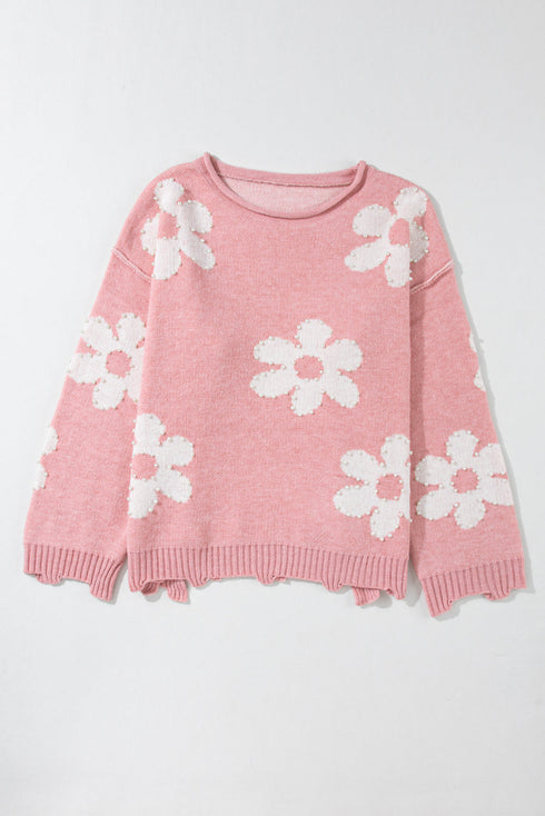 Pearl Studded Heart Pattern Relaxed Fit Sweater