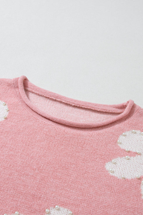 Pearl Studded Heart Pattern Relaxed Fit Sweater