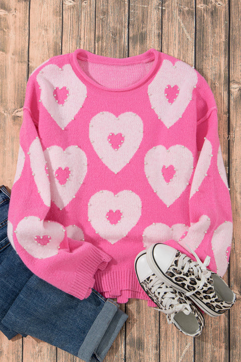 Pearl Studded Heart Pattern Relaxed Fit Sweater