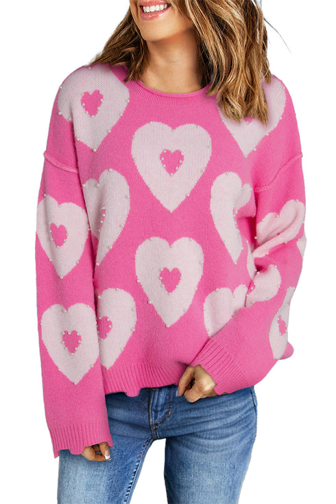 Pearl Studded Heart Pattern Relaxed Fit Sweater