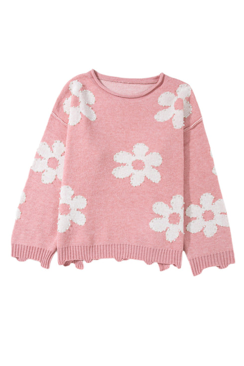 Pearl Studded Heart Pattern Relaxed Fit Sweater