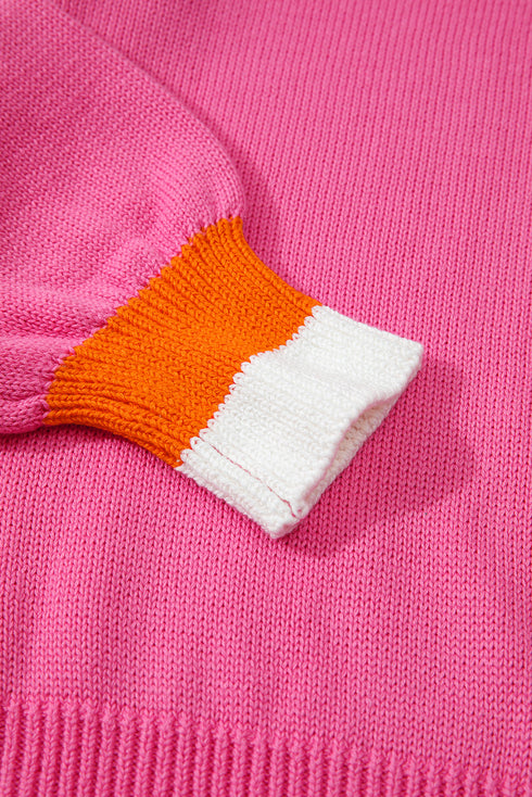 Pearl Trim Contrast Crew Neck Drop Shoulder Sweater