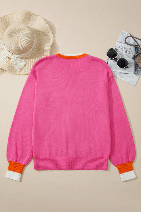 Pearl Trim Contrast Crew Neck Drop Shoulder Sweater