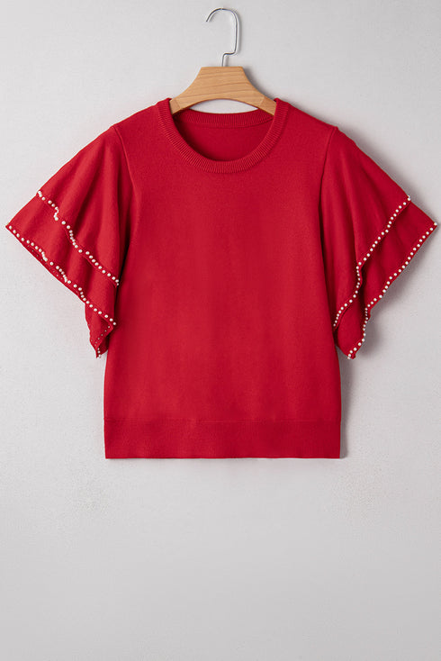 Pearl Trimmed Tiered Flutter Sleeve Knit Top
