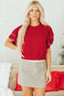 Pearl Trimmed Tiered Flutter Sleeve Knit Top