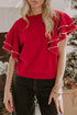 Pearl Trimmed Tiered Flutter Sleeve Knit Top