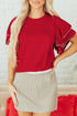Pearl Trimmed Tiered Flutter Sleeve Knit Top