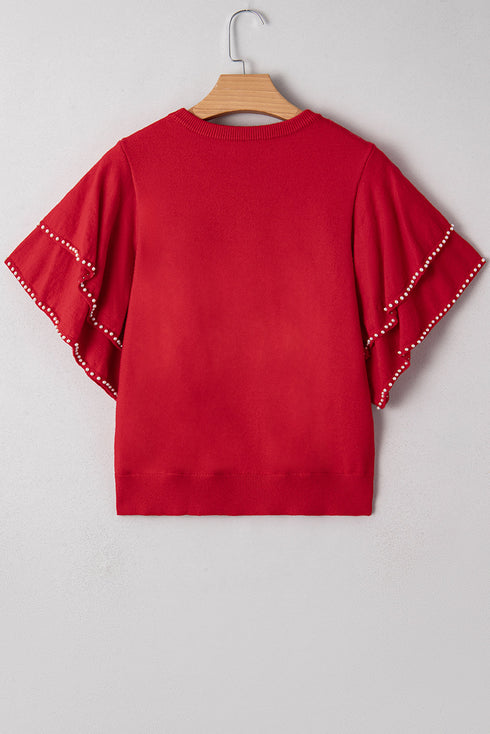 Pearl Trimmed Tiered Flutter Sleeve Knit Top