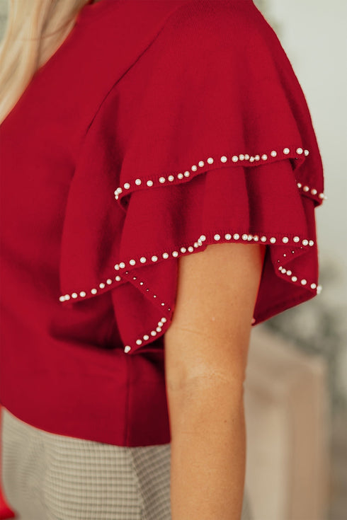 Pearl Trimmed Tiered Flutter Sleeve Knit Top