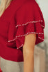 Pearl Trimmed Tiered Flutter Sleeve Knit Top