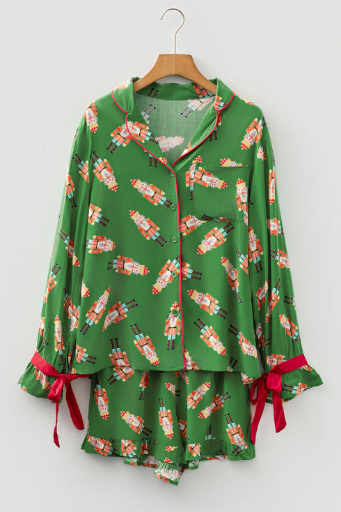 Peppermint Print Contrast Piping Bow Cuff Pajama Set
