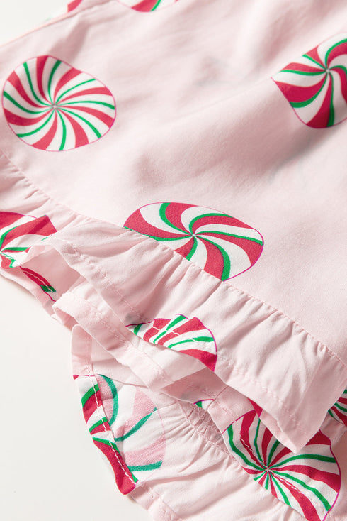 Peppermint Print Contrast Piping Bow Cuff Pajama Set