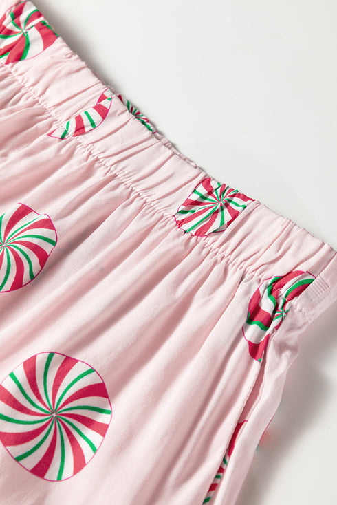 Peppermint Print Contrast Piping Bow Cuff Pajama Set