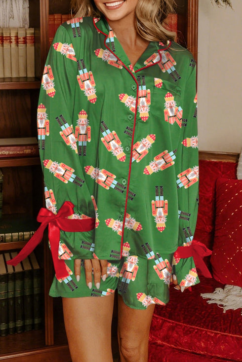 Peppermint Print Contrast Piping Bow Cuff Pajama Set