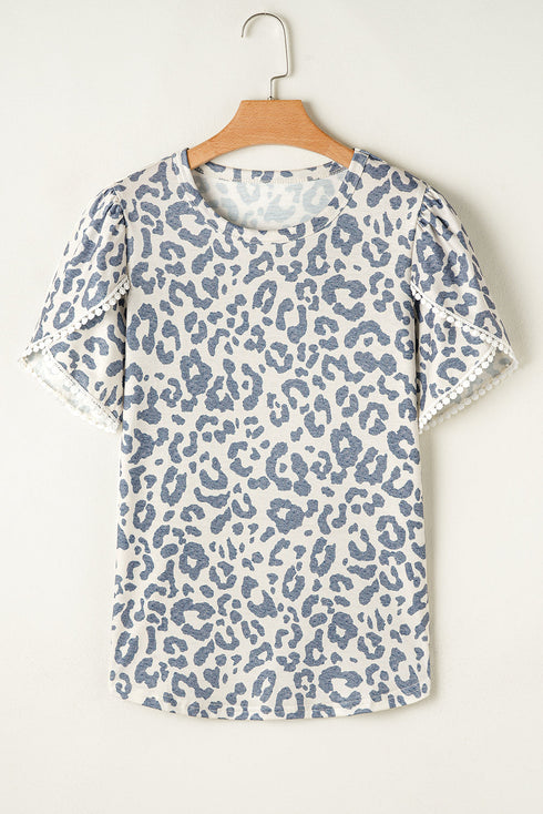 Petal Sleeve Lace Trim Animal Pattern Shirt