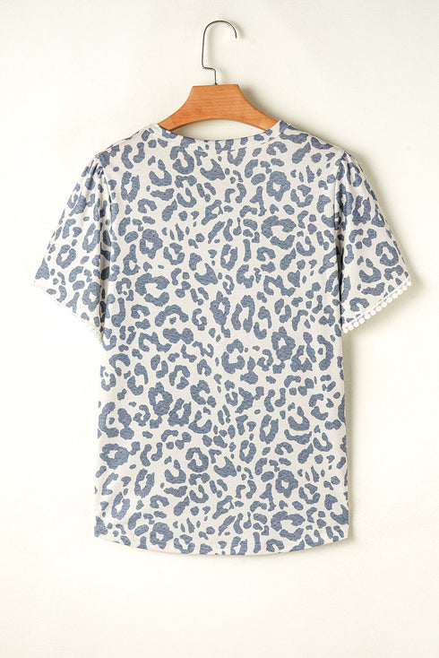 Petal Sleeve Lace Trim Animal Pattern Shirt