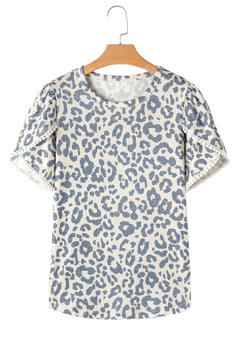 Petal Sleeve Lace Trim Animal Pattern Shirt