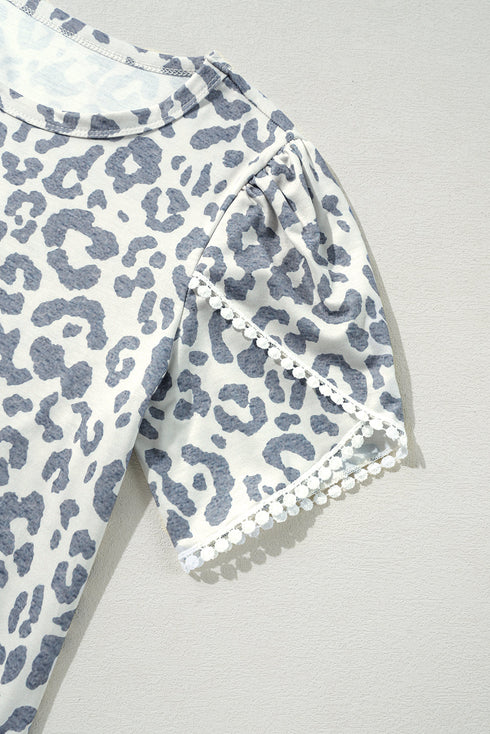 Petal Sleeve Lace Trim Animal Pattern Shirt