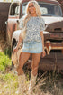 Petal Sleeve Lace Trim Animal Pattern Shirt