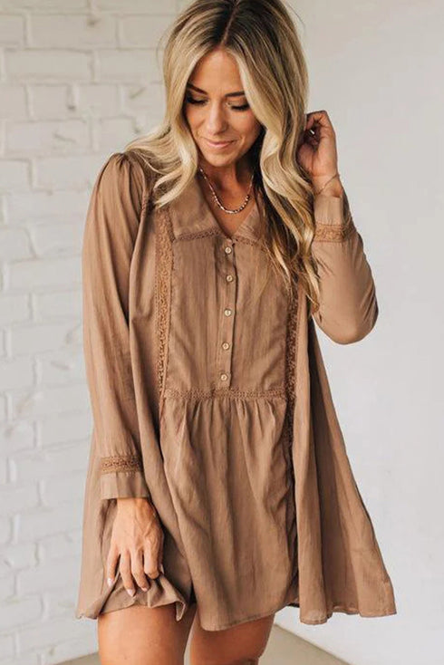 Peter Pan Collar Lace Trim Long Sleeve Shirt Mini Dress