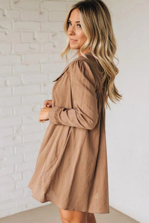 Peter Pan Collar Lace Trim Long Sleeve Shirt Mini Dress