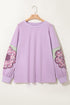 Phalaenopsis Flower Applique Patchwork Detail Pullover Sweatshirt
