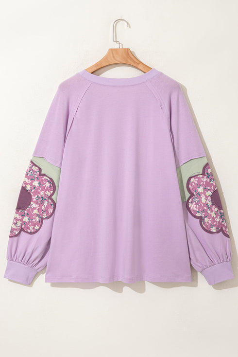 Phalaenopsis Flower Applique Patchwork Detail Pullover Sweatshirt