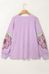 Phalaenopsis Flower Applique Patchwork Detail Pullover Sweatshirt