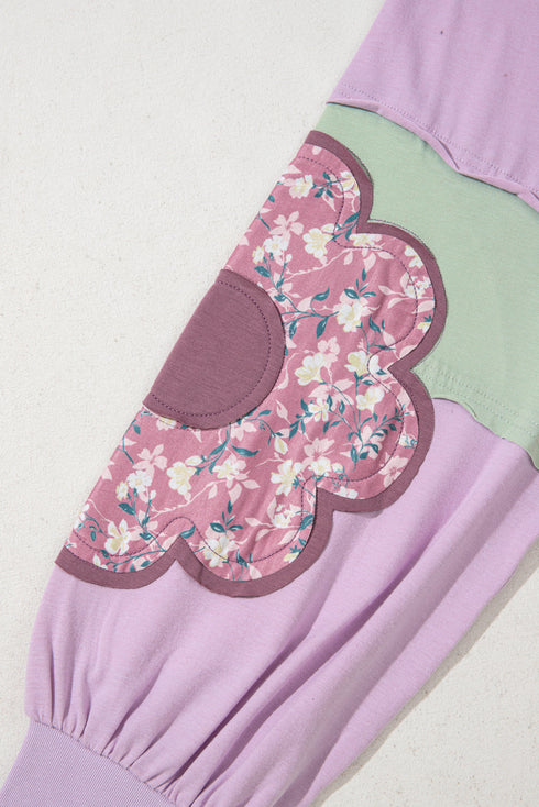 Phalaenopsis Flower Applique Patchwork Detail Pullover Sweatshirt