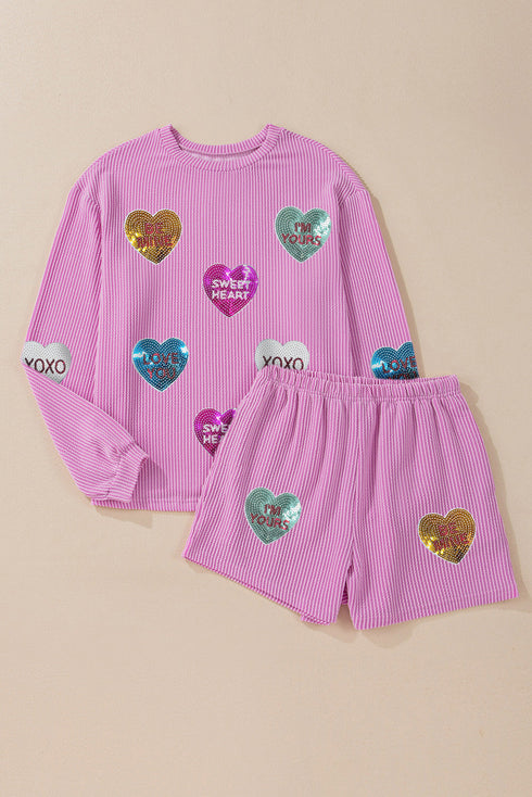 Phalaenopsis Sequin Valentines Lettering Heart Graphic Corded Long Sleeve Shorts Set
