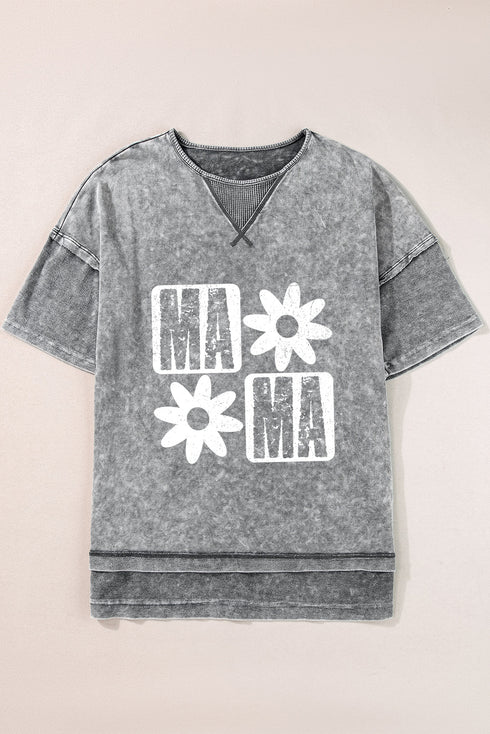 Philippine Gray MAMA Daisy Flower Graphic Mineral Wash Drop Shoulder Vintage Tee