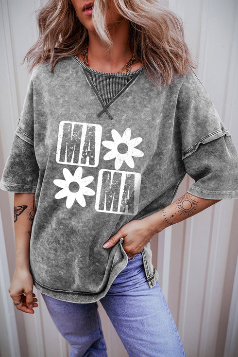 Philippine Gray MAMA Daisy Flower Graphic Mineral Wash Drop Shoulder Vintage Tee
