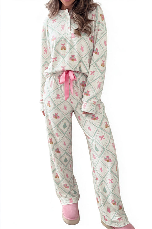Pieced Patchwork Long Sleeve Shift Two Piece Lounge Set