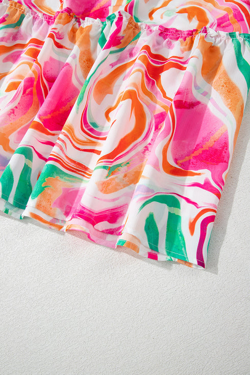 Pink Abstract Print Ruffled Sleeve Smocked Bust Maxi Dress