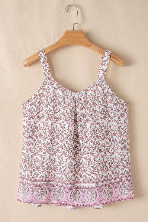 Pink Bohemian Floral Pleated U Neck Vest