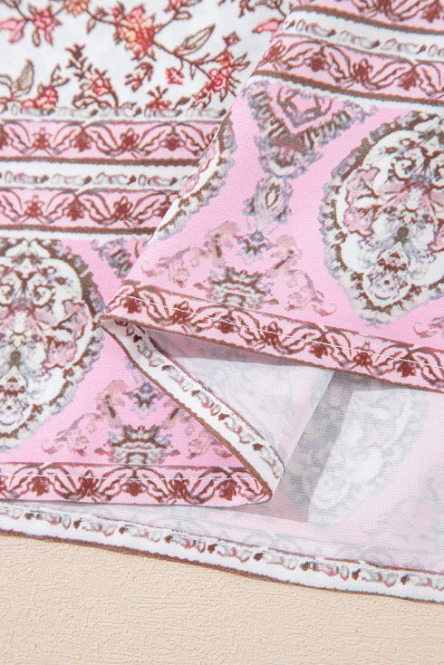 Pink Bohemian Floral Pleated U Neck Vest