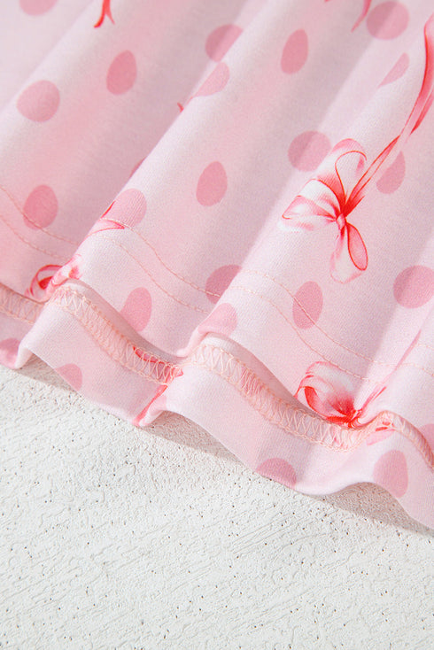 Pink Bow Knot Polka Dot Print Short Sleeve Top Lounge Set