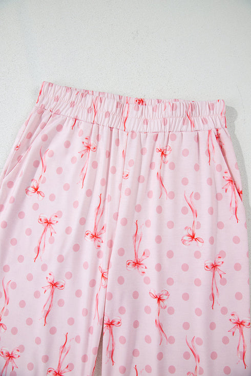Pink Bow Knot Polka Dot Print Short Sleeve Top Lounge Set