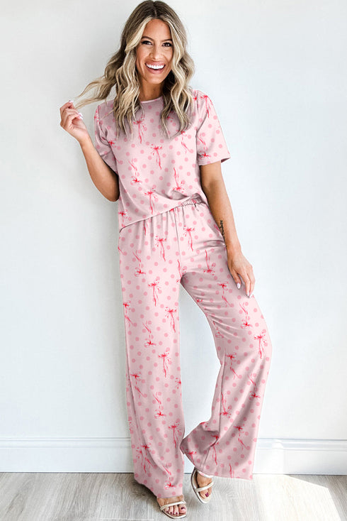 Pink Bow Knot Polka Dot Print Short Sleeve Top Lounge Set