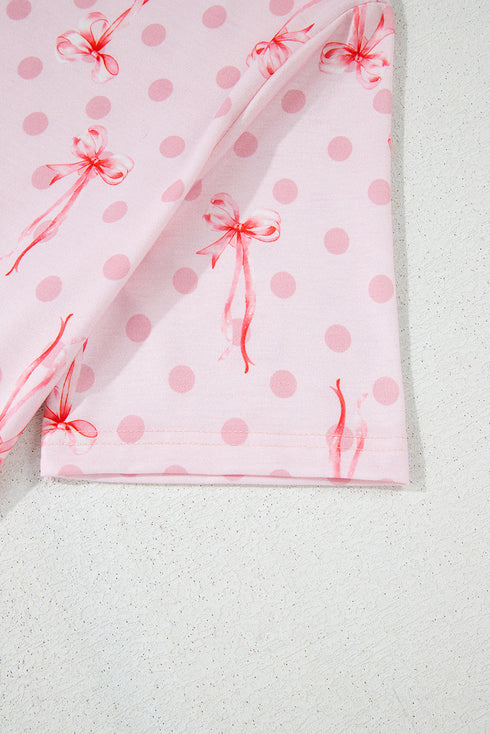 Pink Bow Knot Polka Dot Print Short Sleeve Top Lounge Set