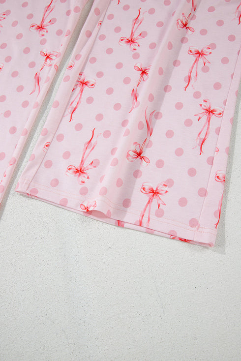Pink Bow Knot Polka Dot Print Short Sleeve Top Lounge Set