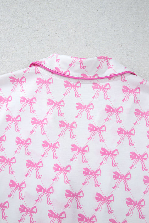 Pink Bowknot Printed Short Sleeve and Ruffled Shorts Valentines Pajama Set