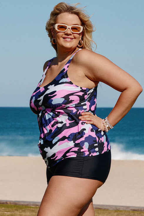 Pink Camo Swim Tank And Shorts Plus Size Tankini Set
